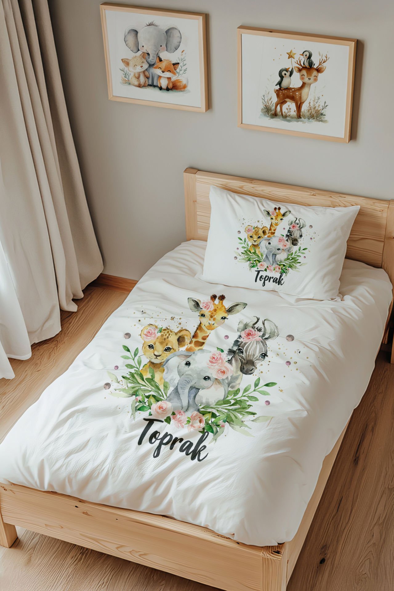 İsme Özel Tek Kişilik  Çocuk Nevresim Takımı (160x220 cm) Safari