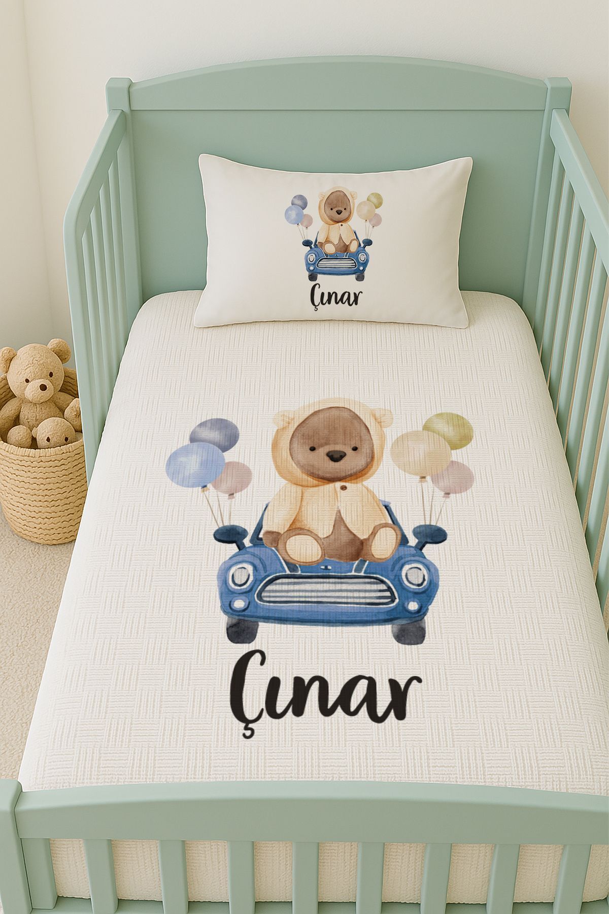 İsme Özel (100x150cm) Pike Seti Arabalı Ayıcık