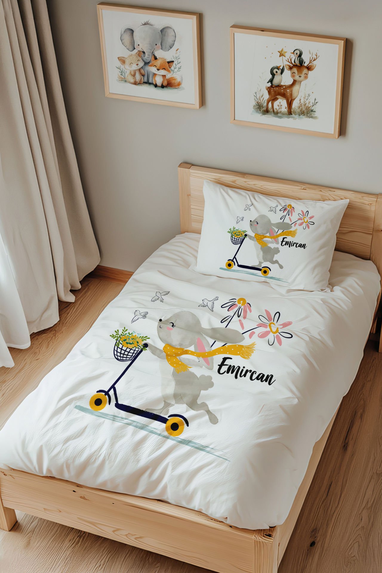 İsme Özel Tek Kişilik  Çocuk Nevresim Takımı (160x220 cm) Tavşan