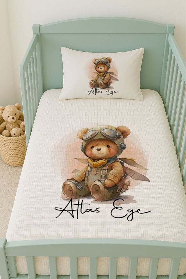 İsme Özel (100x150cm) Pike Seti Pilot Ayıcık