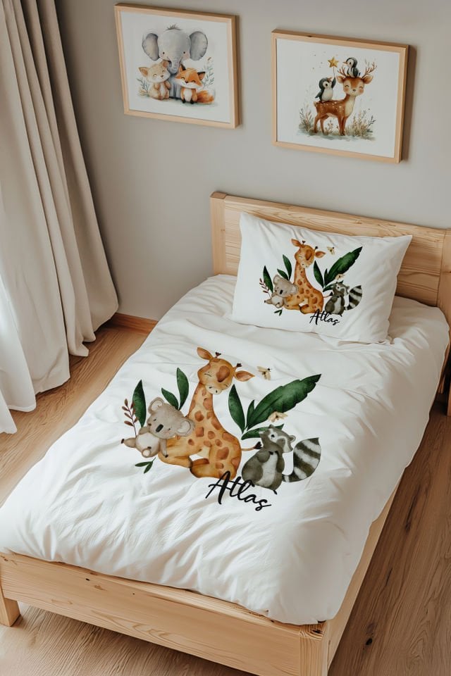 İsme Özel Tek Kişilik  Çocuk Nevresim Takımı (160x220 cm) Koala ve Rakun