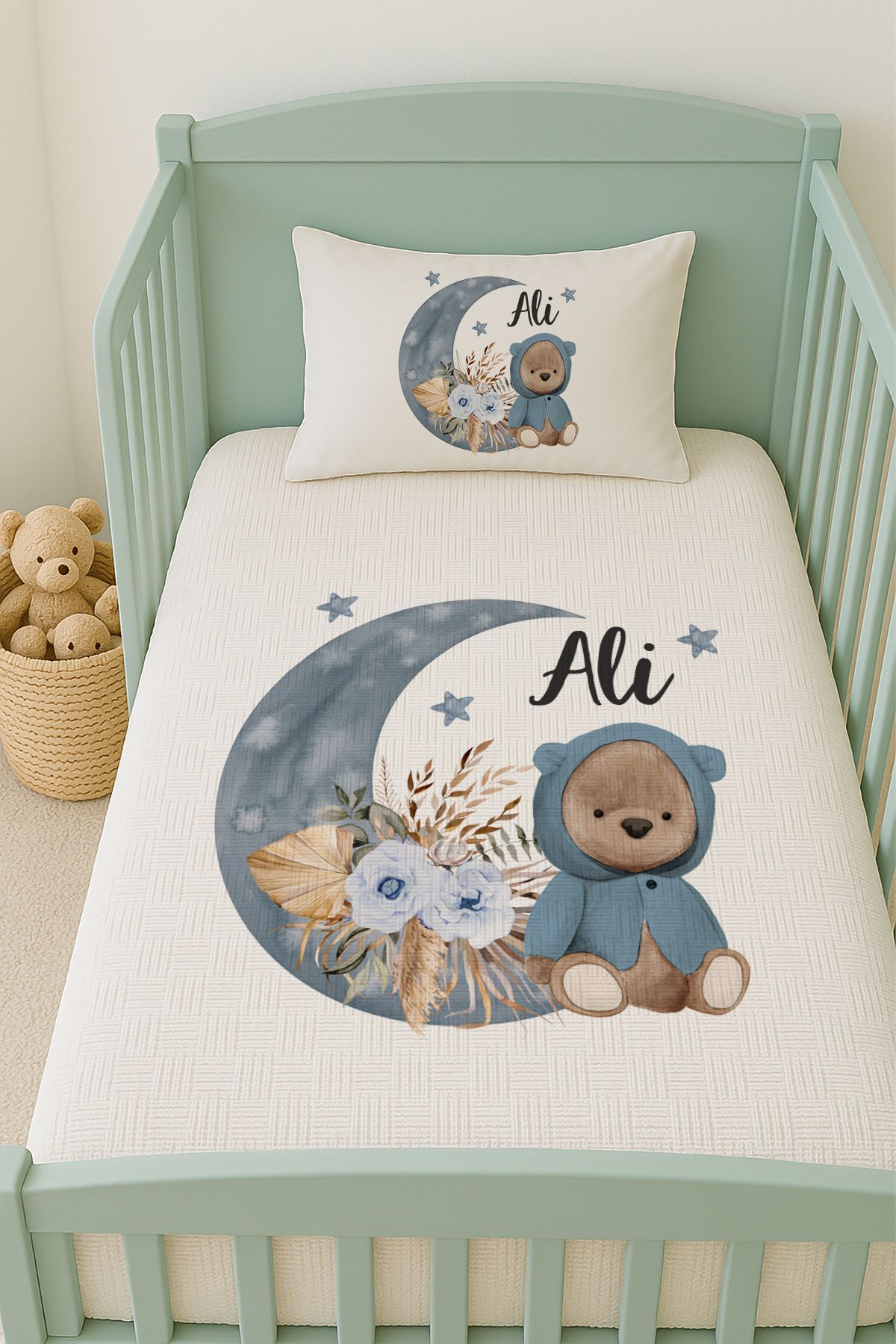 İsme Özel (100x150cm) Pike Seti Mavili Ayıcık ve Aydede