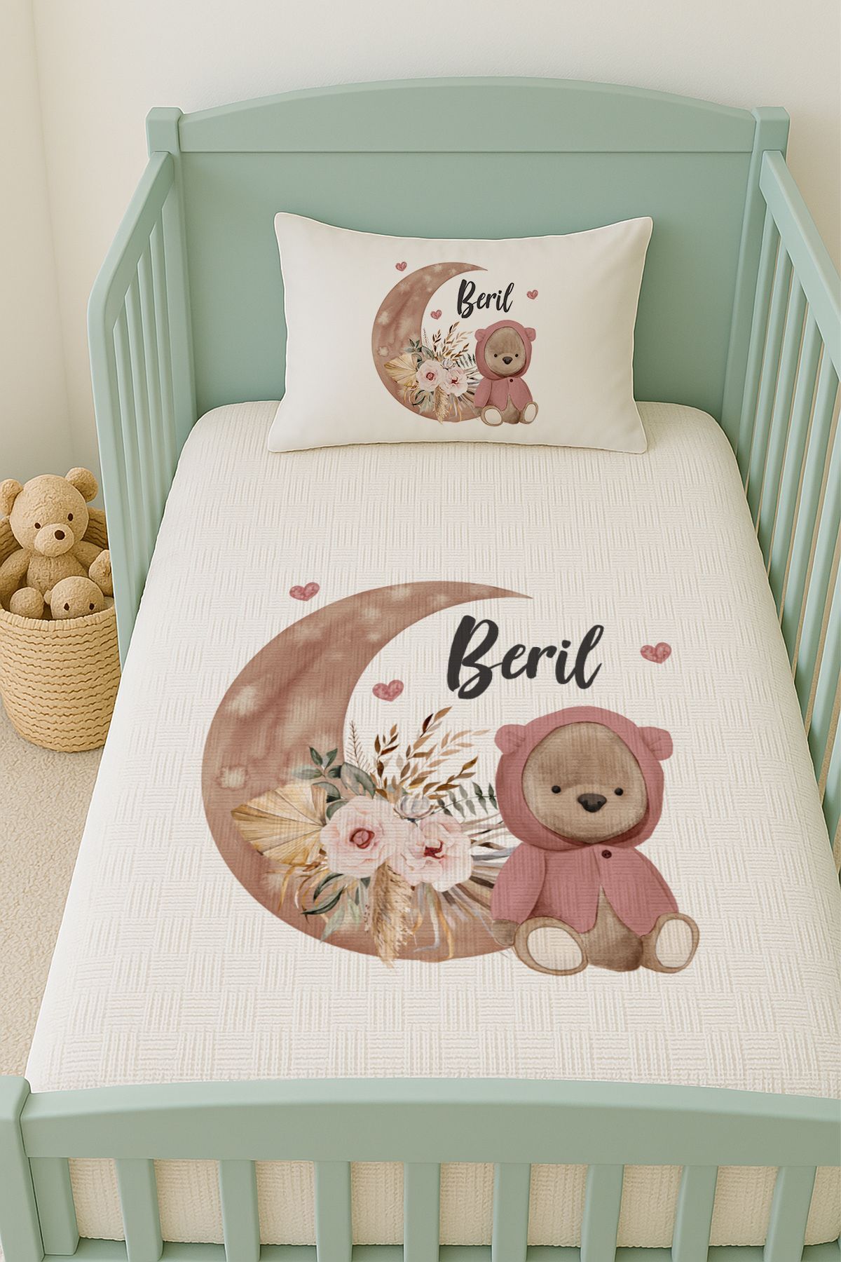 İsme Özel (100x150cm) Pike Seti Pembeli Ayıcık ve Aydede