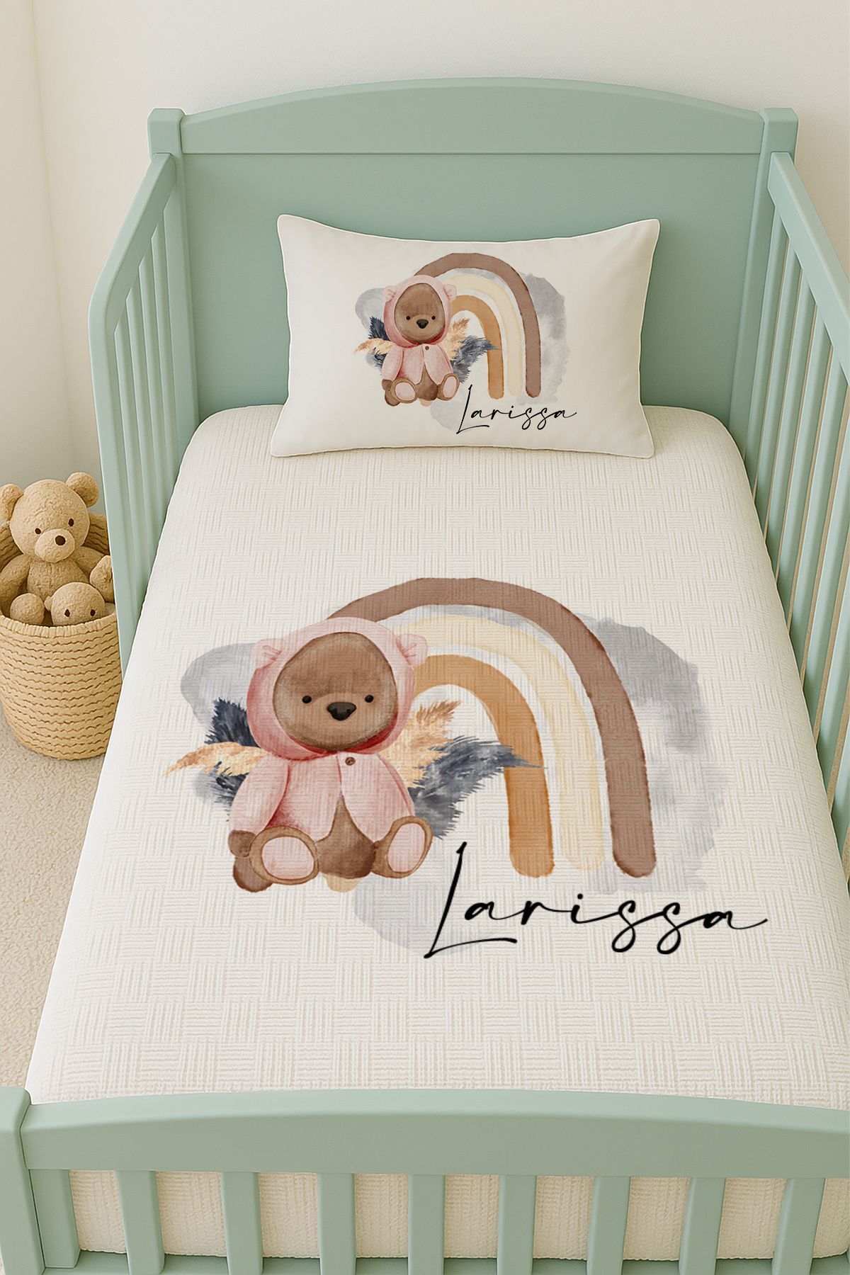 İsme Özel (100x150cm) Pike Seti Pembe Hırkalı Ayıcık