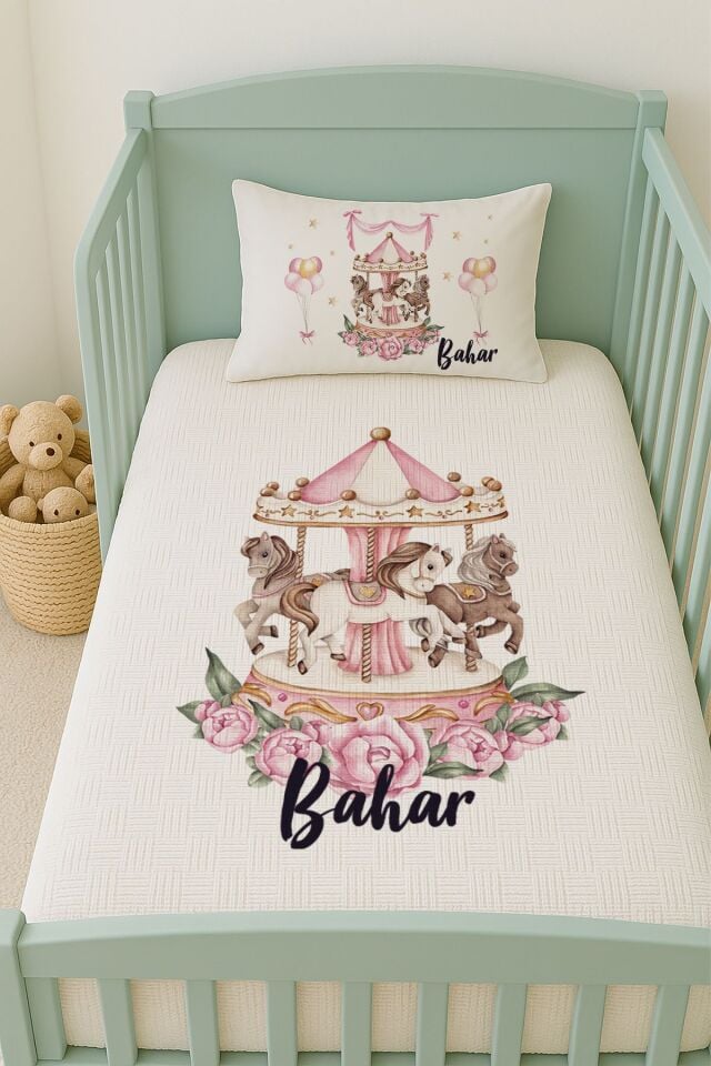 %100 Pamuk İsme Özel İsimli 100x150 cm Pike Seti Pembe Atlıkarınca