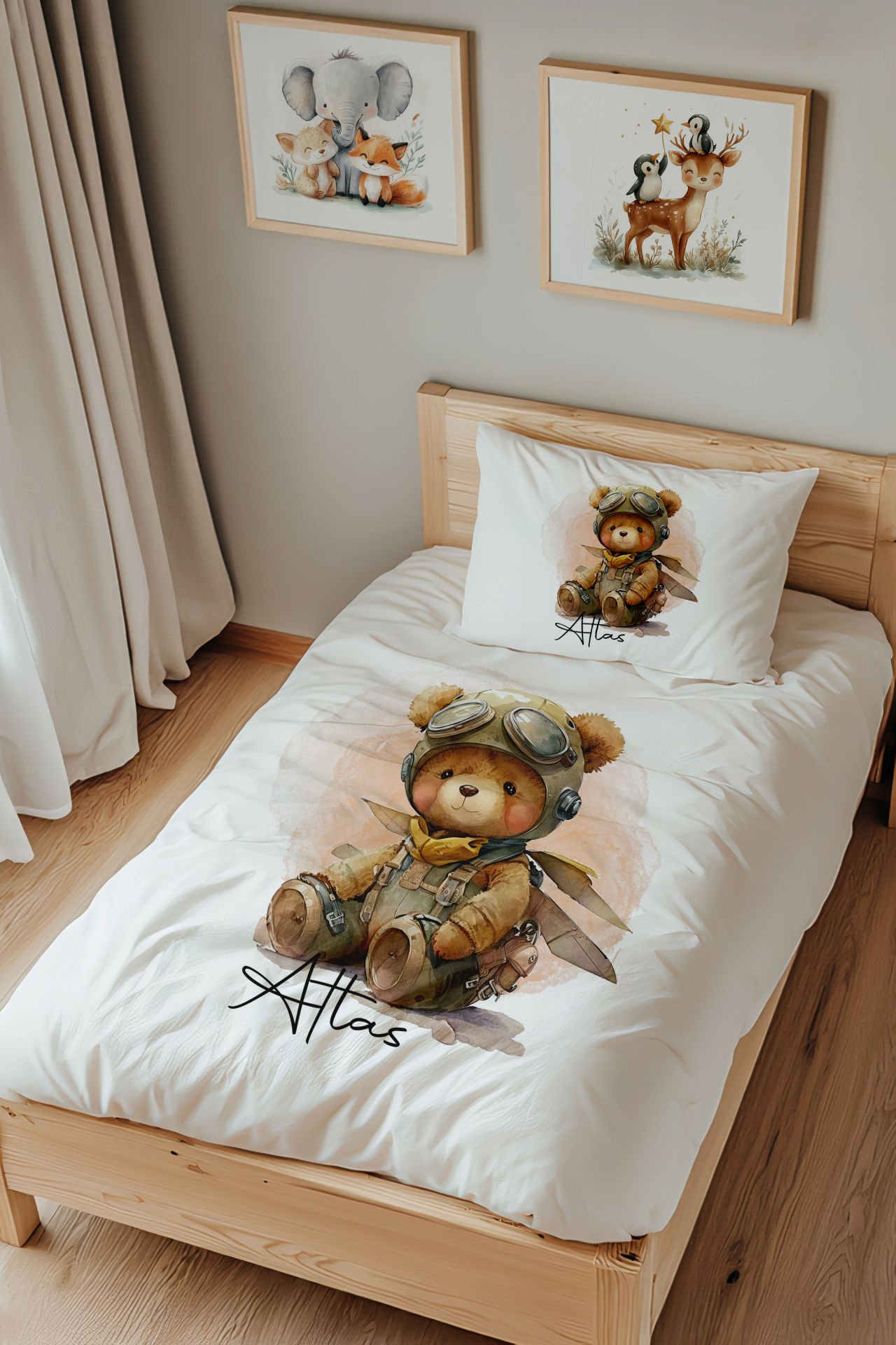 İsme Özel Tek Kişilik Çocuk Nevresim Takımı (160x220 cm) Pilot Ayıcık