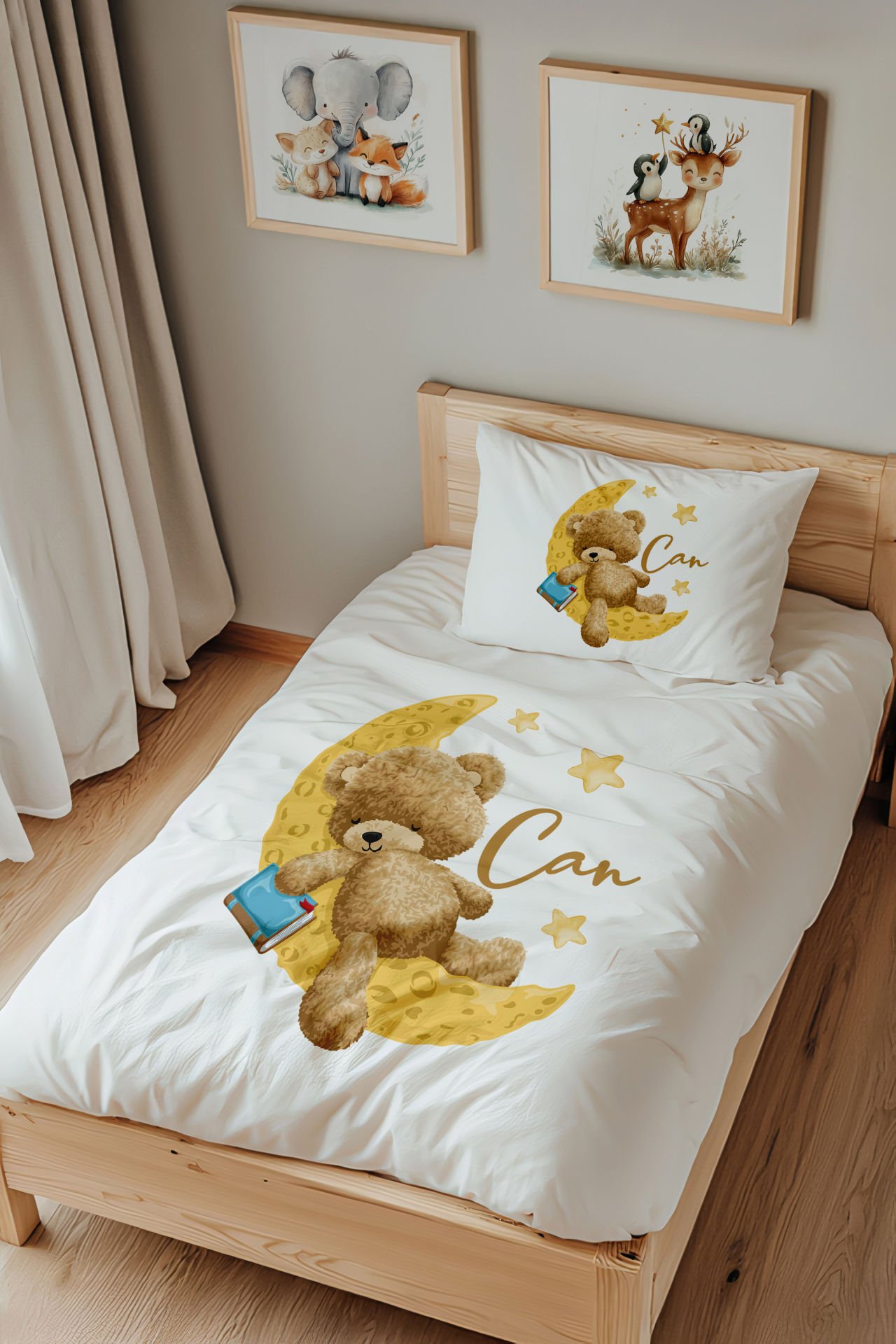 İsme Özel Tek Kişilik Çocuk Nevresim Takımı (160x220 cm) Uyuyan Ayıcık