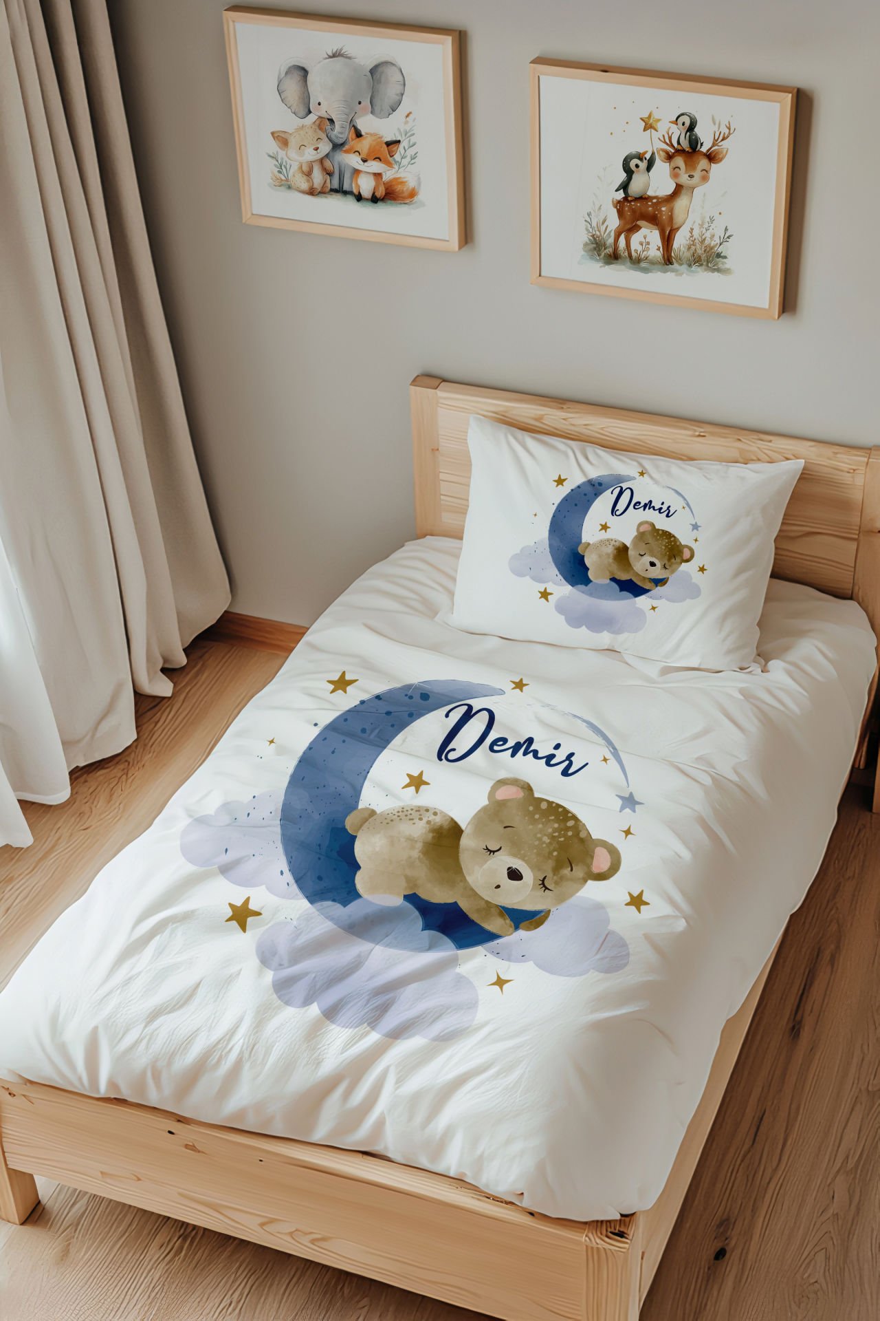İsme Özel Tek Kişilik  Çocuk Nevresim Takımı (160x220 cm) Ayda Uyuyan Ayıcık