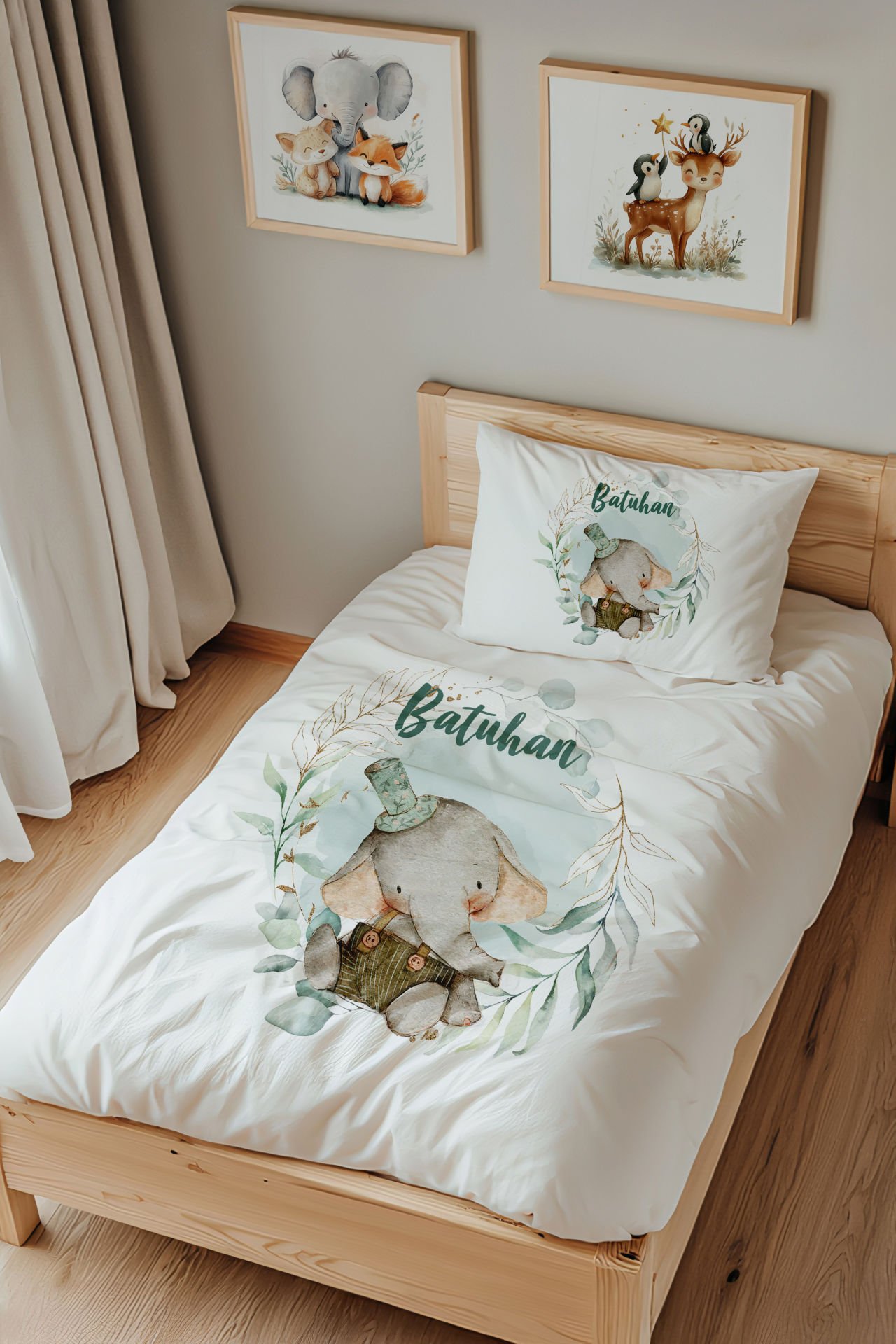İsme Özel Tek Kişilik Çocuk Nevresim Takımı (160x220 cm) Sevimli Fil