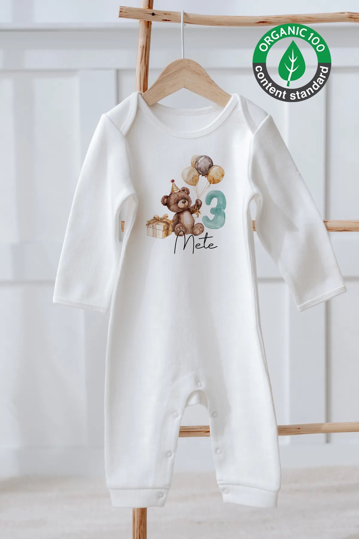 %100 Pamuk İsme Özel İsimli Doğum Günü Bebek Tulum 3 Yaş Ayıcık