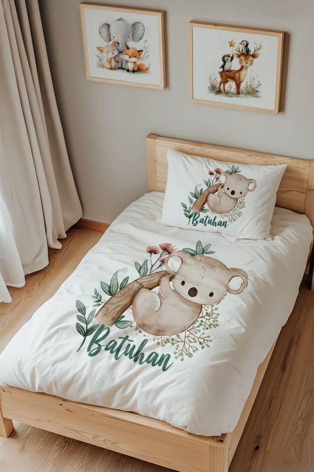 İsme Özel Tek Kişilik %100 Pamuk Çocuk Nevresim Takımı (160x220 cm) Koala