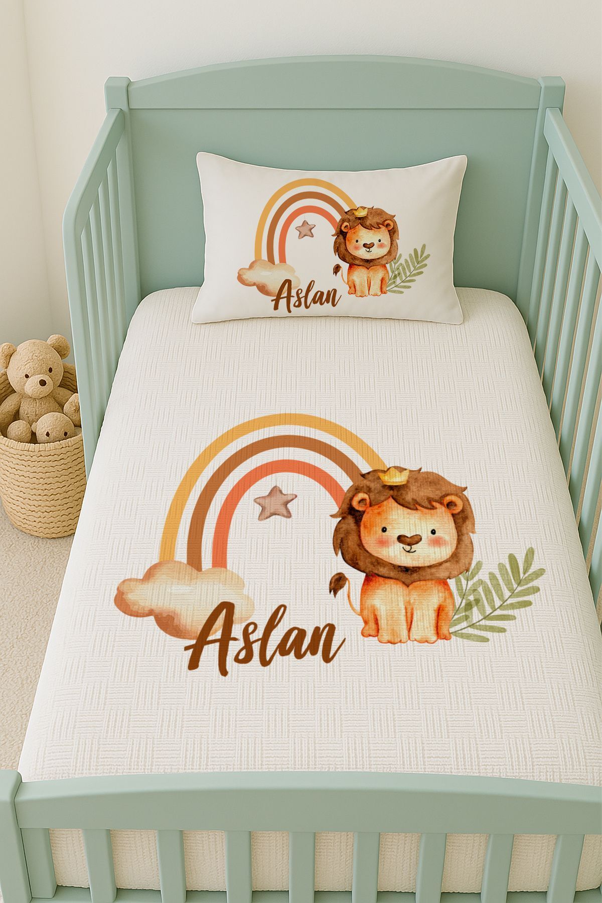 İsme Özel (100x150cm) Pike Seti Gökkuşağı Aslan