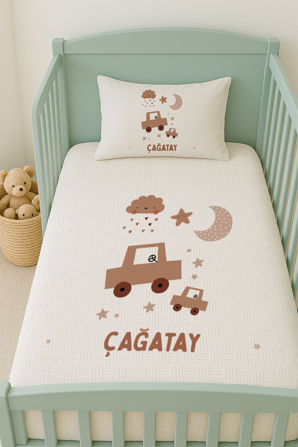 İsme Özel (100x150cm) Pike Seti Kahverengi Araba