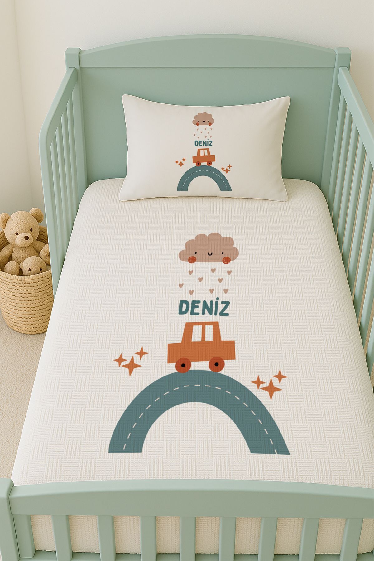 İsme Özel (100x150cm) Pike Seti Araba ve Bulut