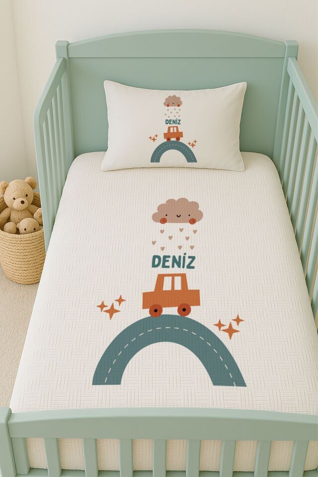 %100 Pamuk İsme Özel İsimli 100x150 cm Pike Seti Araba ve Bulut