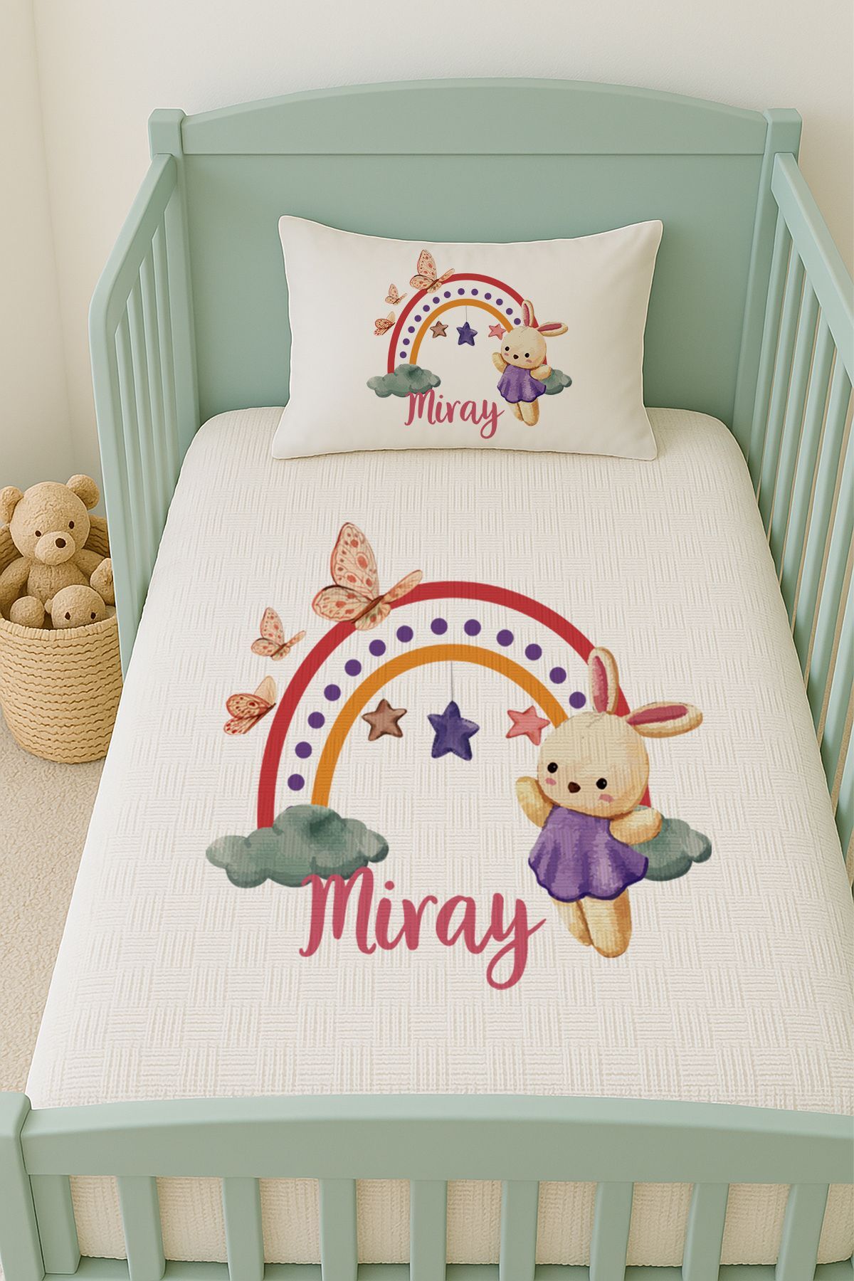 İsme Özel (100x150cm) Pike Seti Mor Elbiseli Tavşan