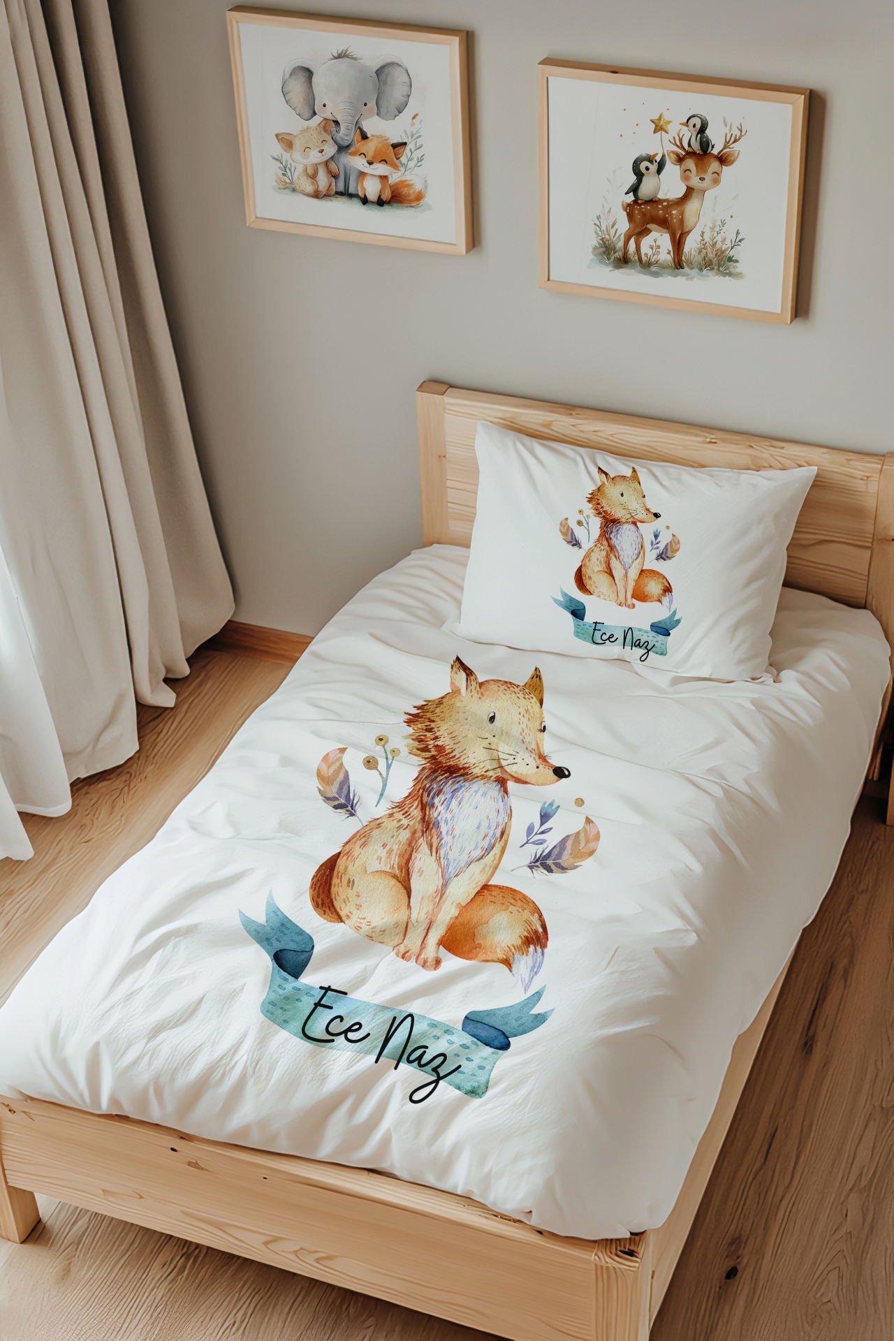 İsme Özel Tek Kişilik  Çocuk Nevresim Takımı (160x220 cm) Tilki