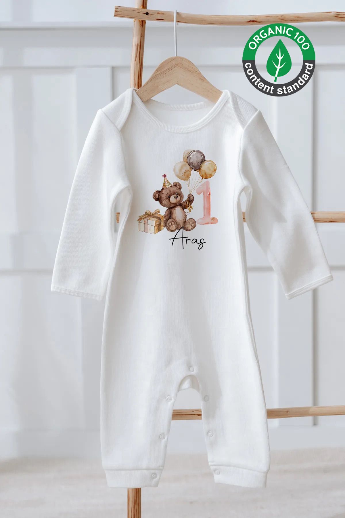 %100 Pamuk İsme Özel İsimli Doğum Günü Bebek Tulum 1 Yaş Ayıcık