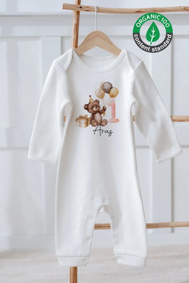 %100 Pamuk İsme Özel İsimli Doğum Günü Bebek Tulum 1 Yaş Ayıcık