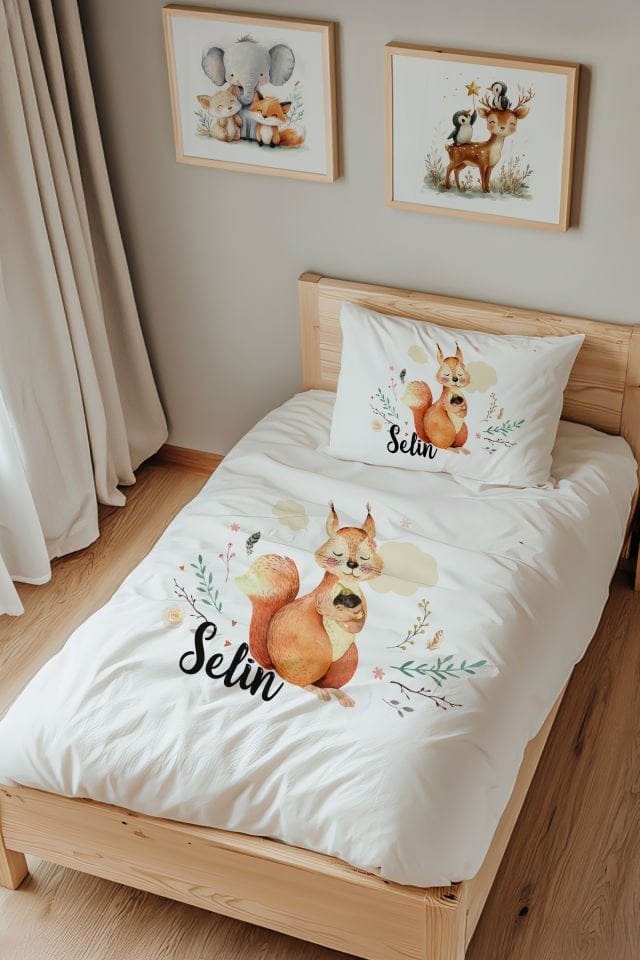 İsme Özel Tek Kişilik %100 Pamuk Çocuk Nevresim Takımı (160x220 cm) Sincap