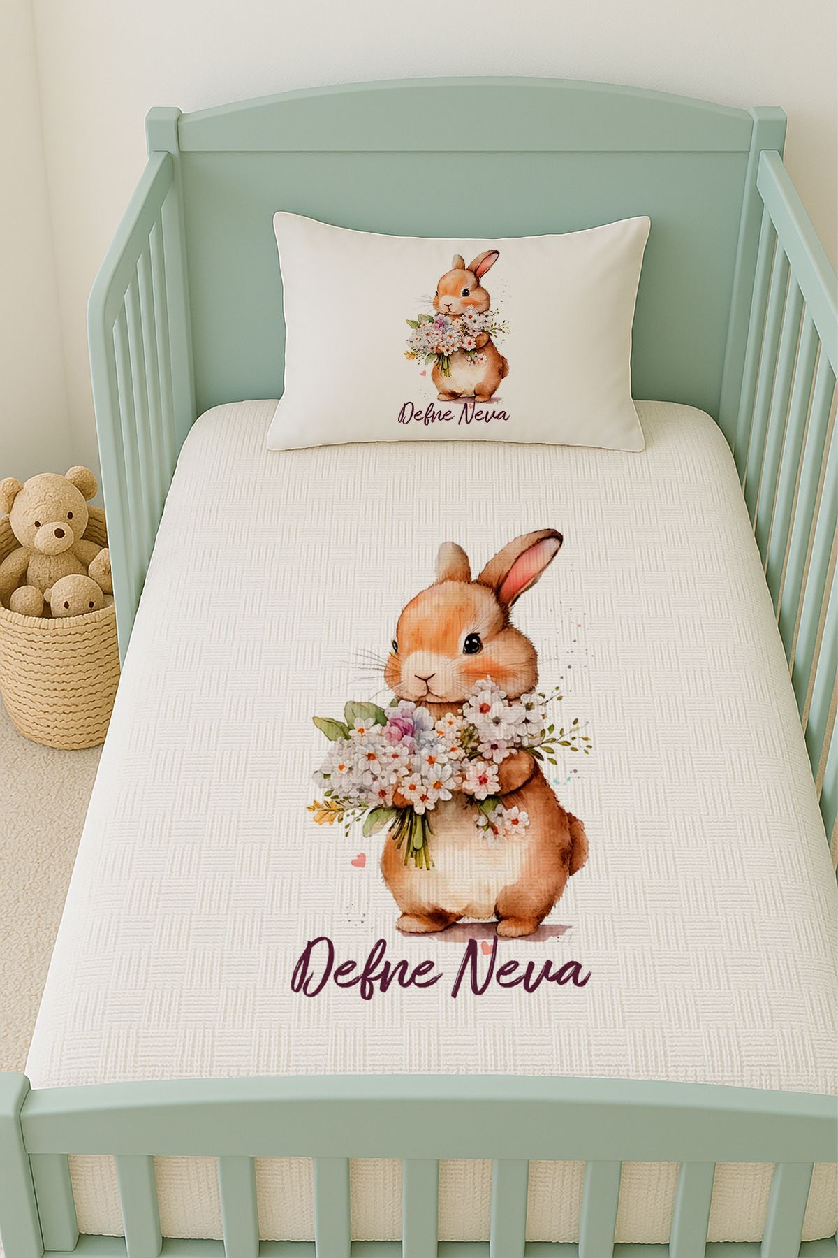 İsme Özel (100x150cm) Pike Seti Çiçekli Tavşan