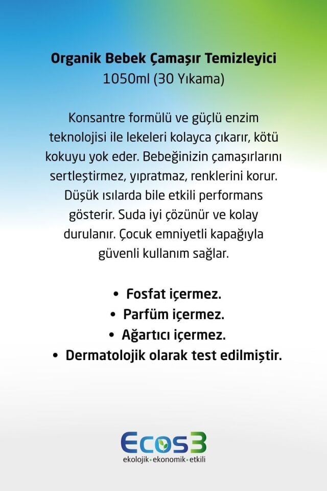 Organik Bebek Çamaşır Deterjanı, Vegan Sertifikalı, Ekolojik, Kokusuz, Konsantre 30 Yıkama, 1050ml