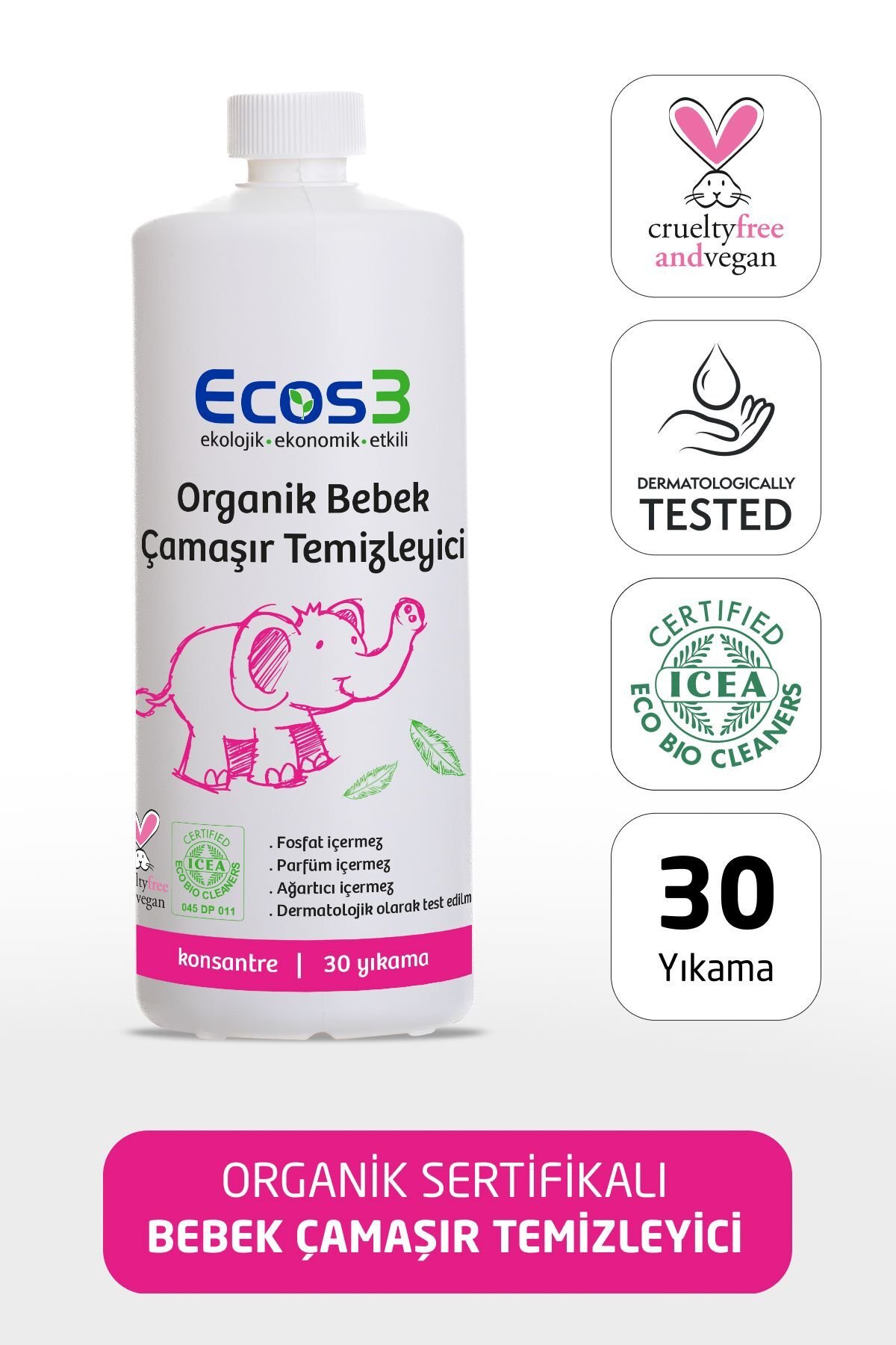 Organik Bebek Çamaşır Deterjanı, Vegan Sertifikalı, Ekolojik, Kokusuz, Konsantre 30 Yıkama, 1050ml