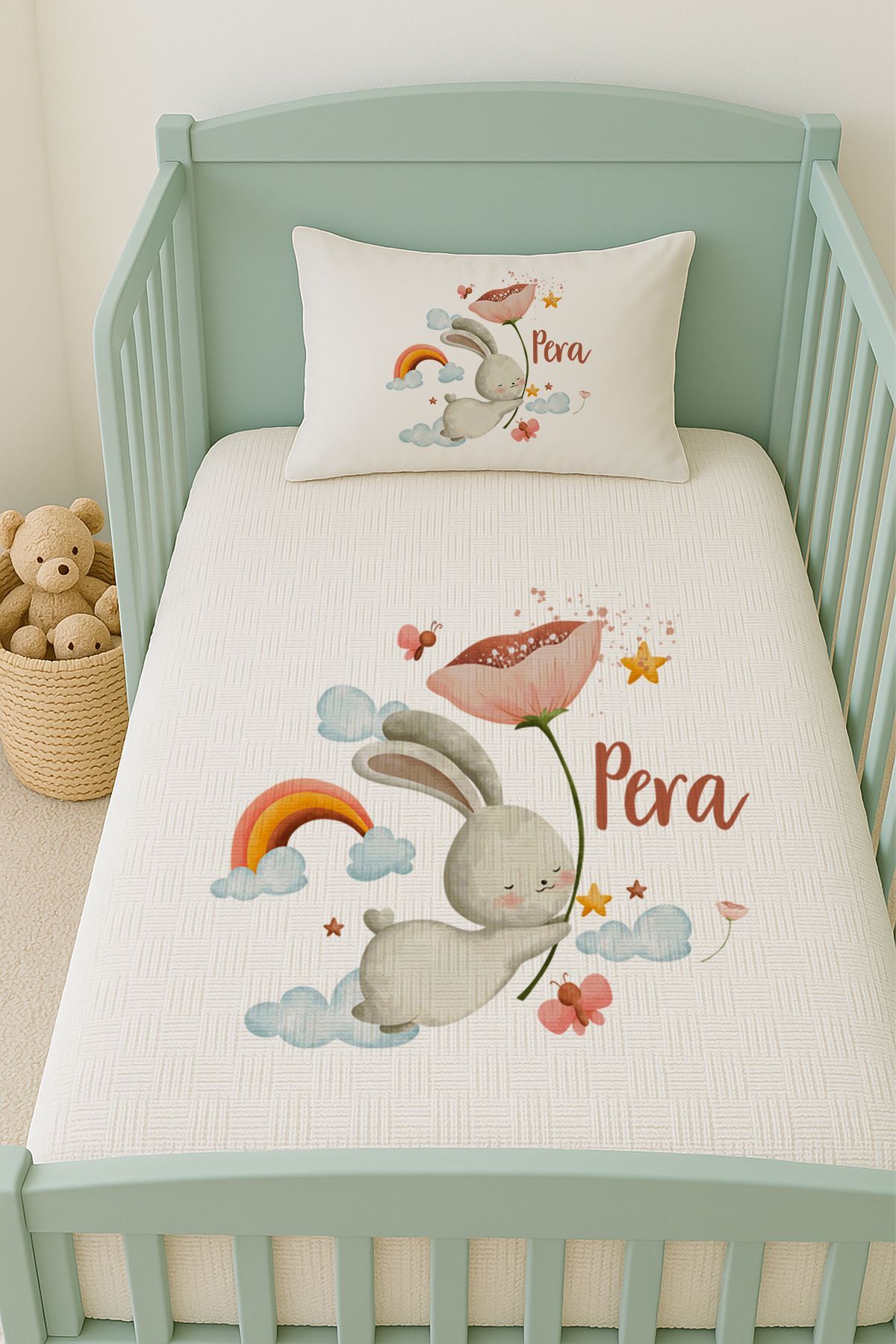 İsme Özel (100x150cm) Pike Seti Lale Tutan Tavşan