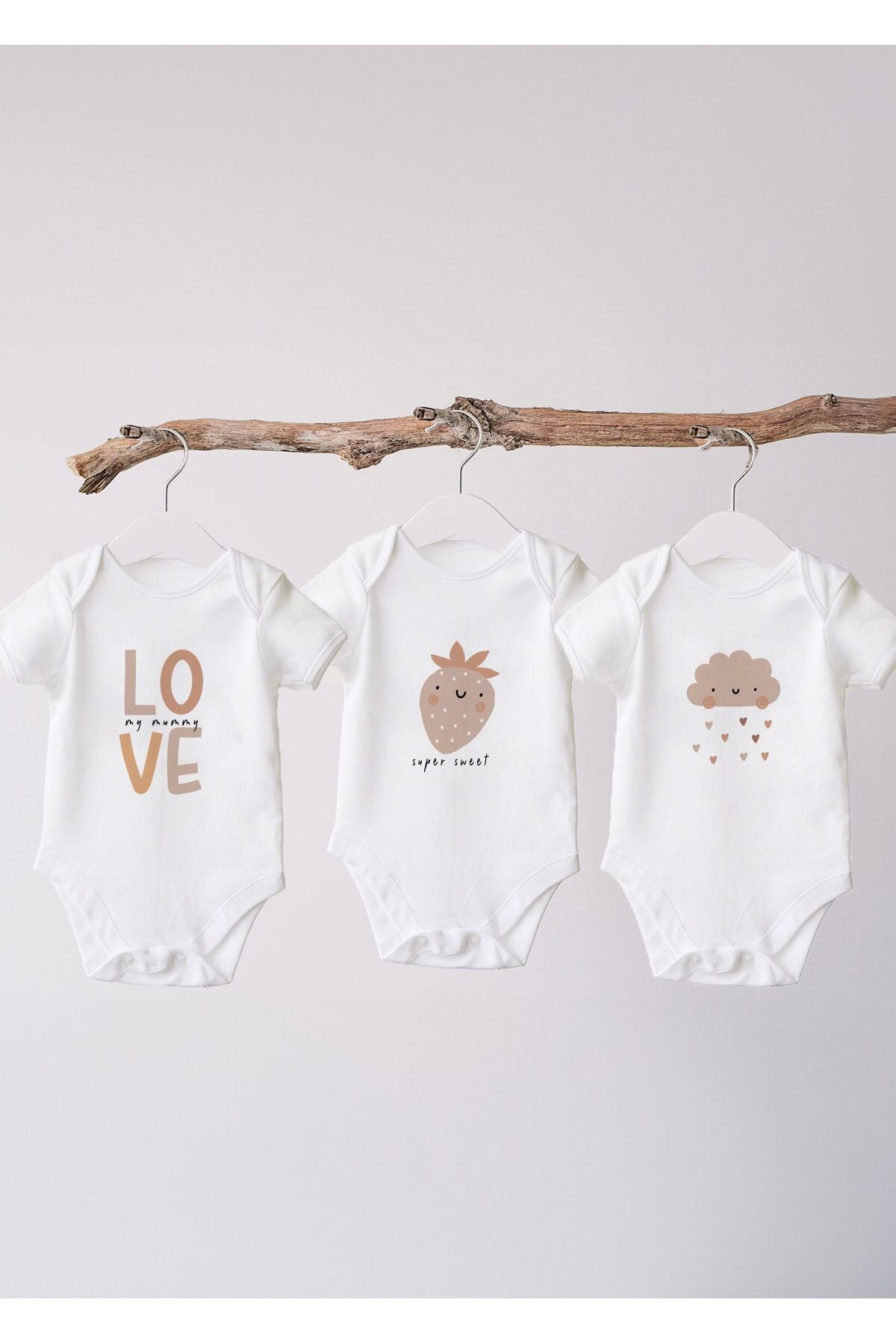 %100 Organik Pamuk 3lü Baskılı Kısa Kollu Bebek Body 3-6 AY - Beyaz