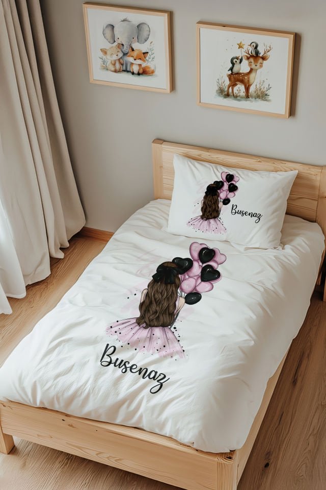 İsme Özel Tek Kişilik  Çocuk Nevresim Takımı (160x220 cm) Balonlu Kız Siyah