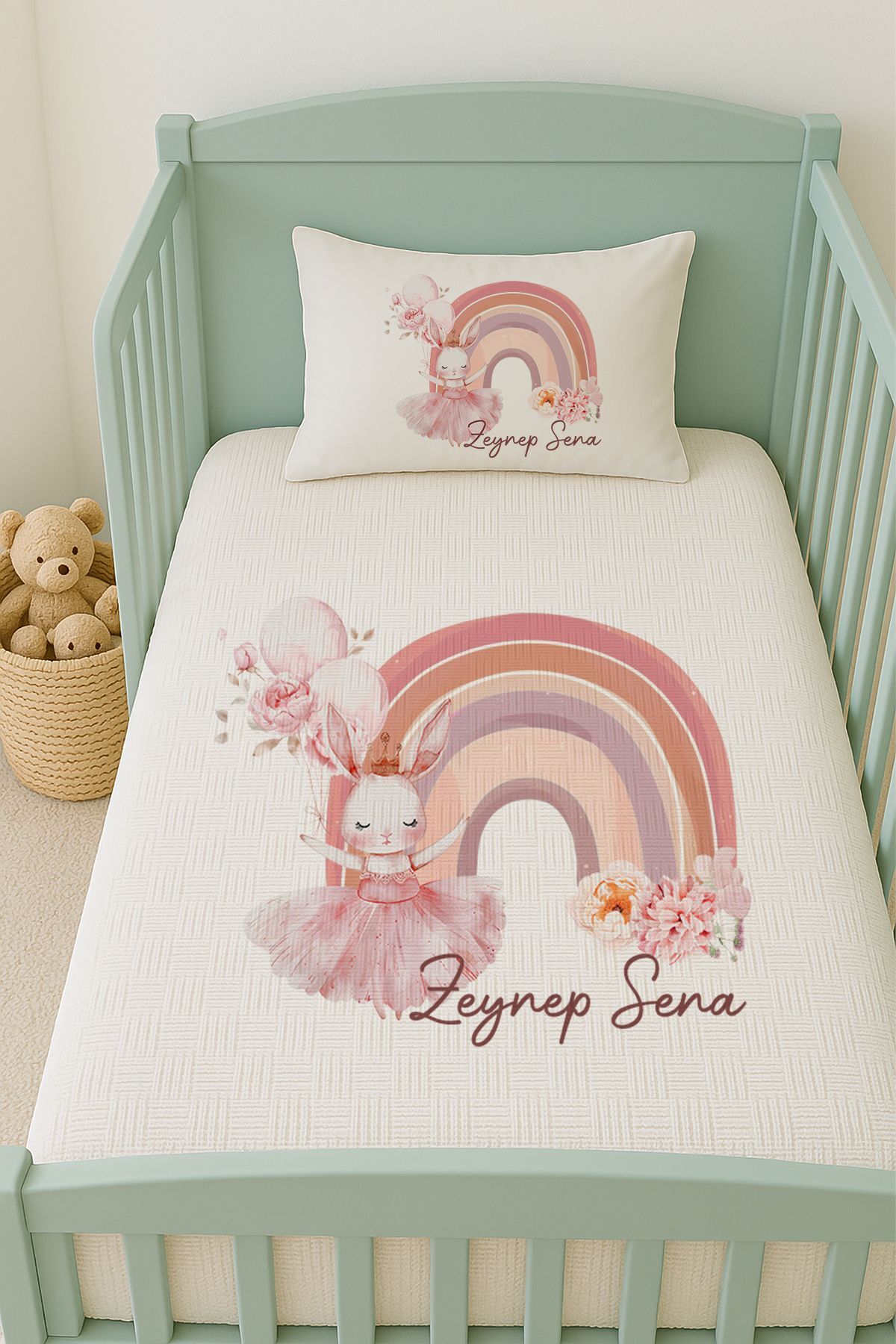İsme Özel (100x150cm) Pike Seti Balonlu Prenses Tavşan