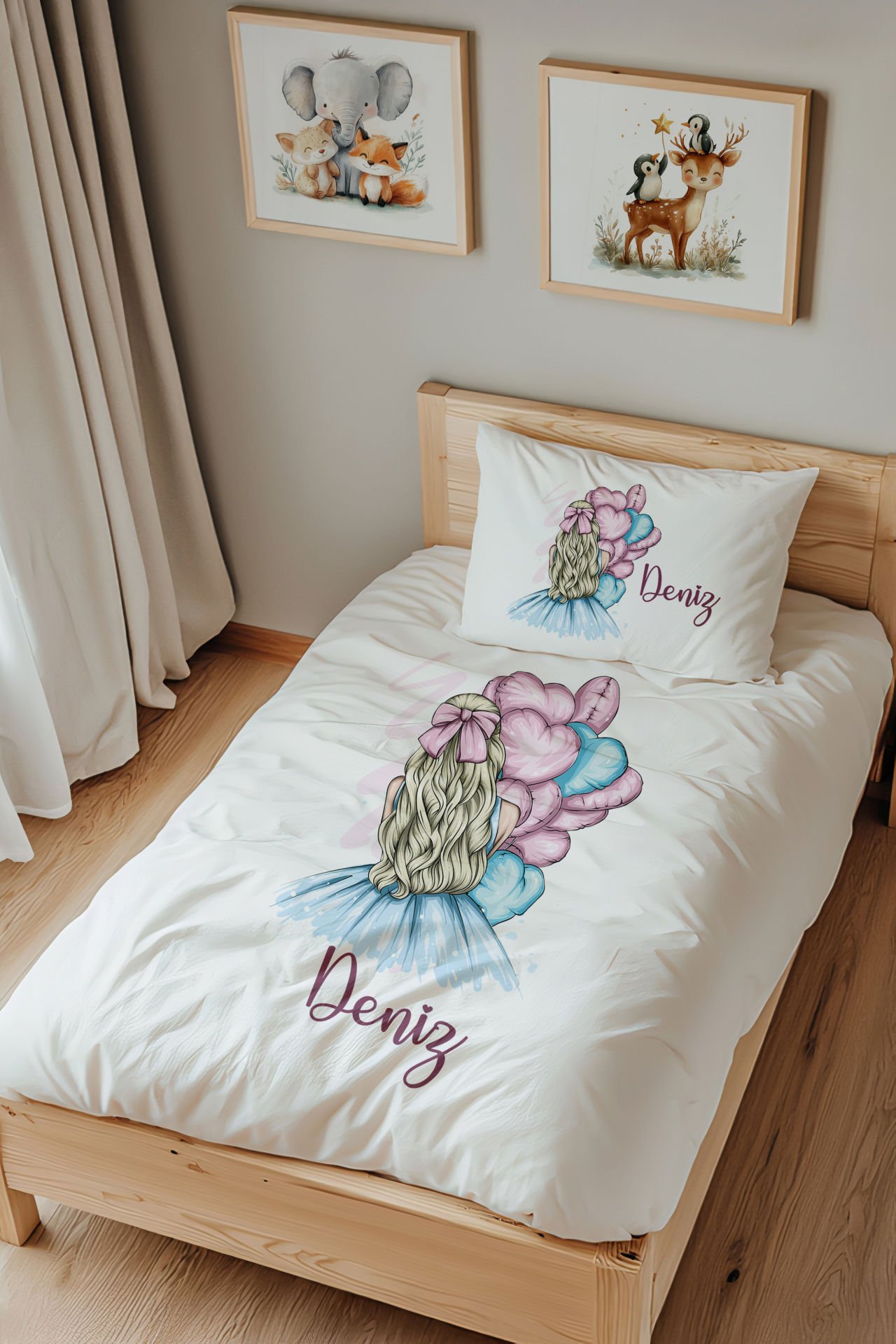 İsme Özel Tek Kişilik Çocuk Nevresim Takımı (160x220 cm) Balonlu Kız Renkli
