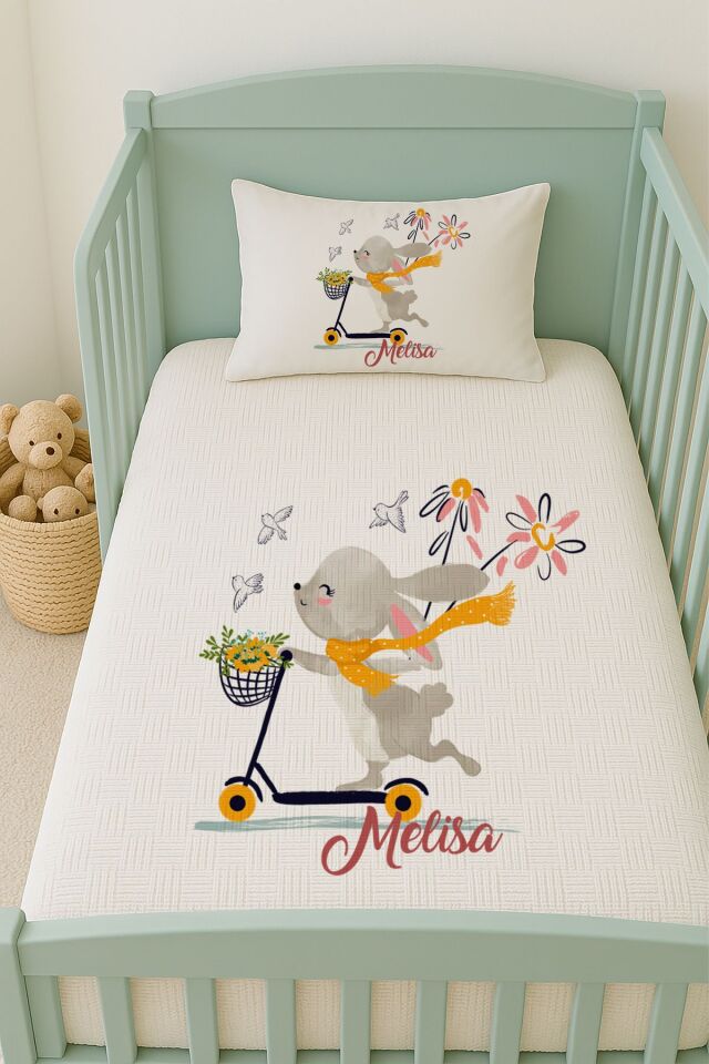 %100 Pamuk İsme Özel İsimli 100x150 cm Pike Seti Scooterlı Tavşan