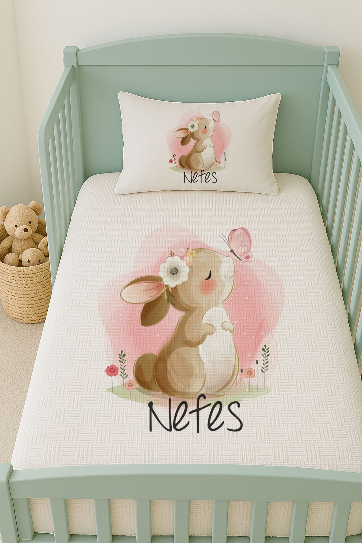 İsme Özel (100x150cm) Pike Seti Burnunda Kelebekli Tavşan