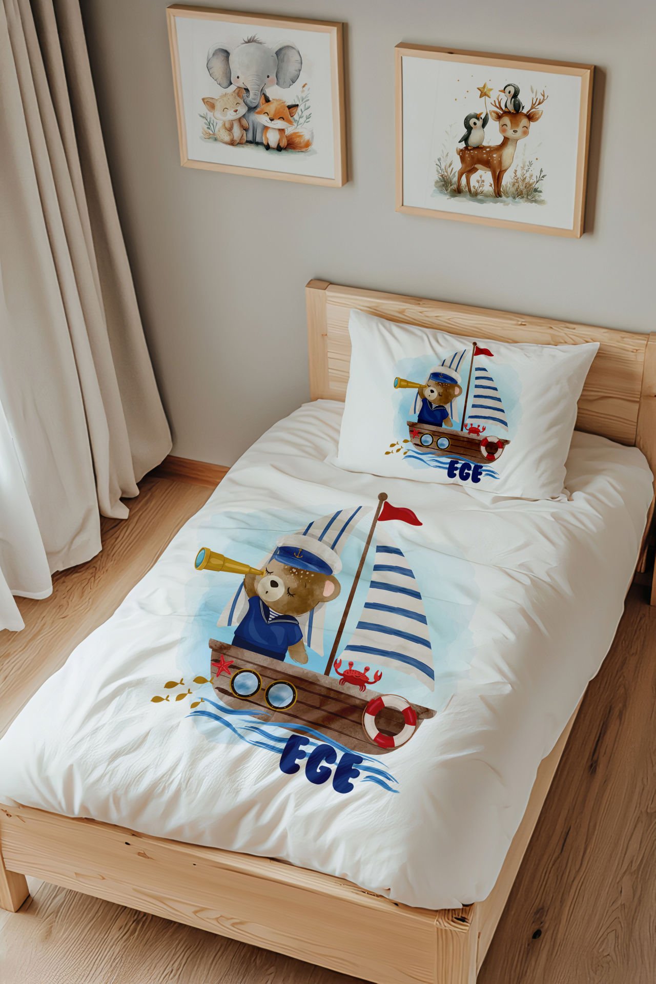 İsme Özel Tek Kişilik Çocuk Nevresim Takımı (160x220 cm) Kaptan Ayıcık