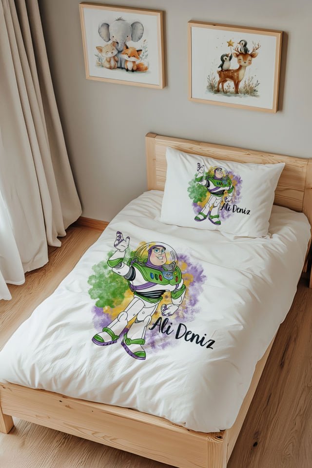 İsme Özel Tek Kişilik %100 Pamuk Çocuk Nevresim Takımı (160x220 cm) Toy Story Buzz