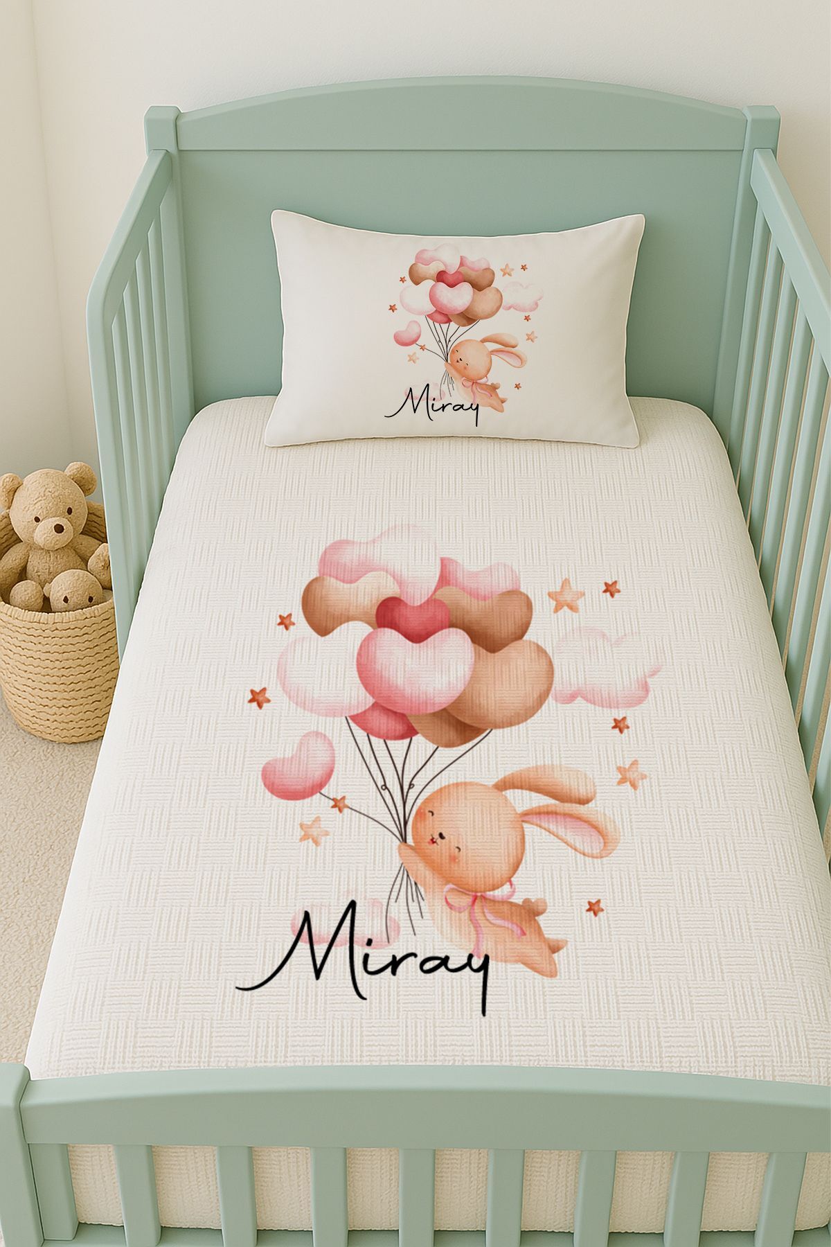 İsme Özel (100x150cm) Pike Seti Balon Tutan Tavşan