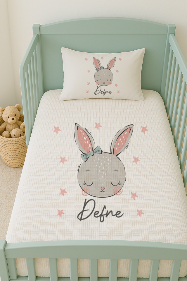 İsme Özel (100x150cm) Pike Seti Sevimli Tavşan Kafası