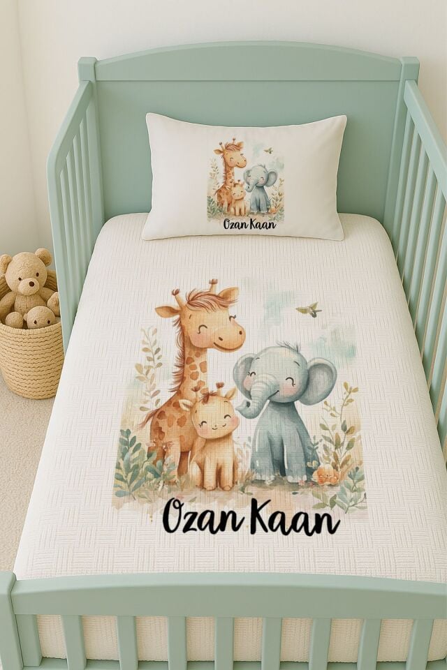 %100 Pamuk İsme Özel İsimli 100x150 cm Pike Seti Sevimli Fil ve Arkadaşları