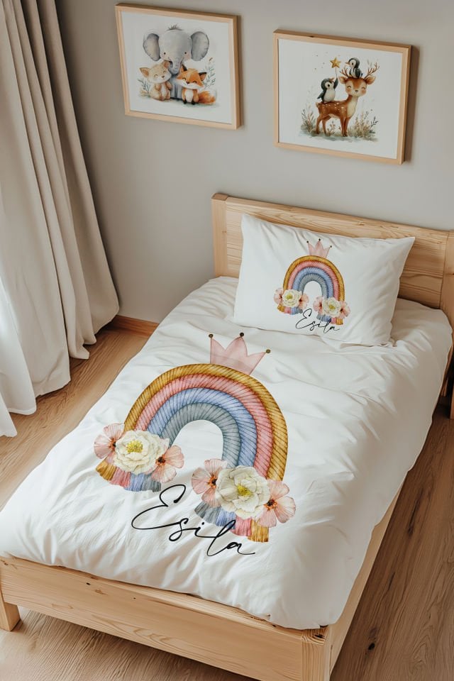 İsme Özel Tek Kişilik  Çocuk Nevresim Takımı (160x220 cm) Taçlı Gökkuşağı