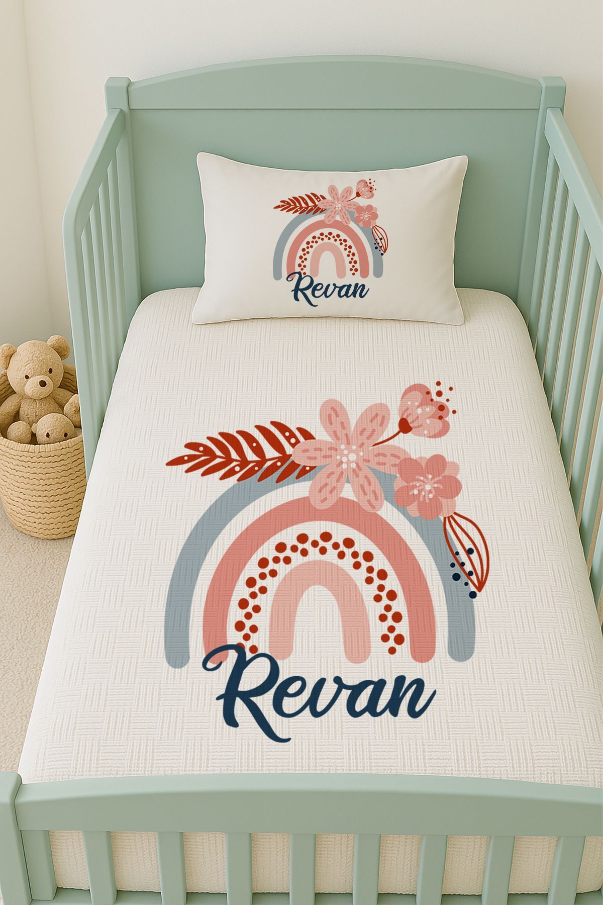 İsme Özel (100x150cm) Pike Seti Çiçekli Gökkuşağı