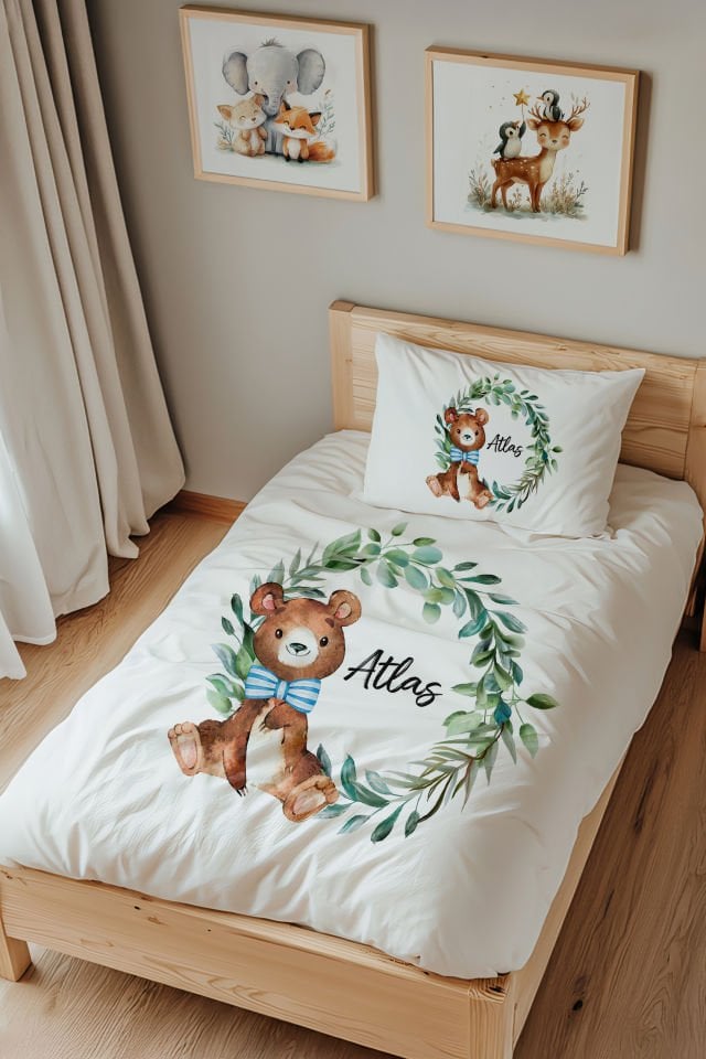 İsme Özel Tek Kişilik  Çocuk Nevresim Takımı (160x220 cm) Papyonlu Ayıcık