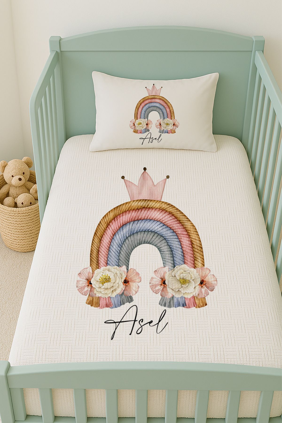 İsme Özel (100x150cm) Pike Seti Örgülü Gökkuşağı