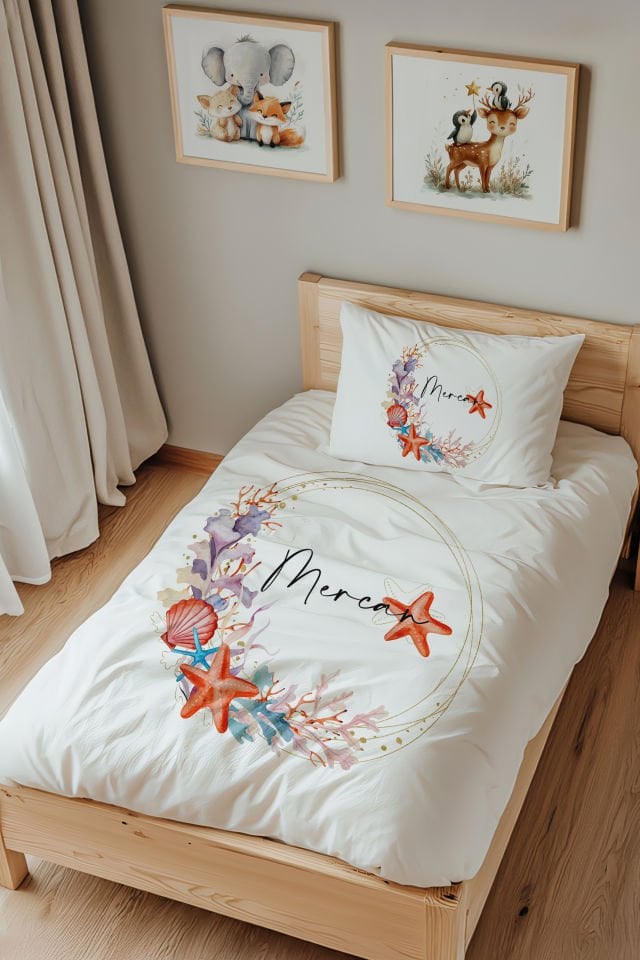 İsme Özel Tek Kişilik  Çocuk Nevresim Takımı (160x220 cm) Deniz Yıldızı