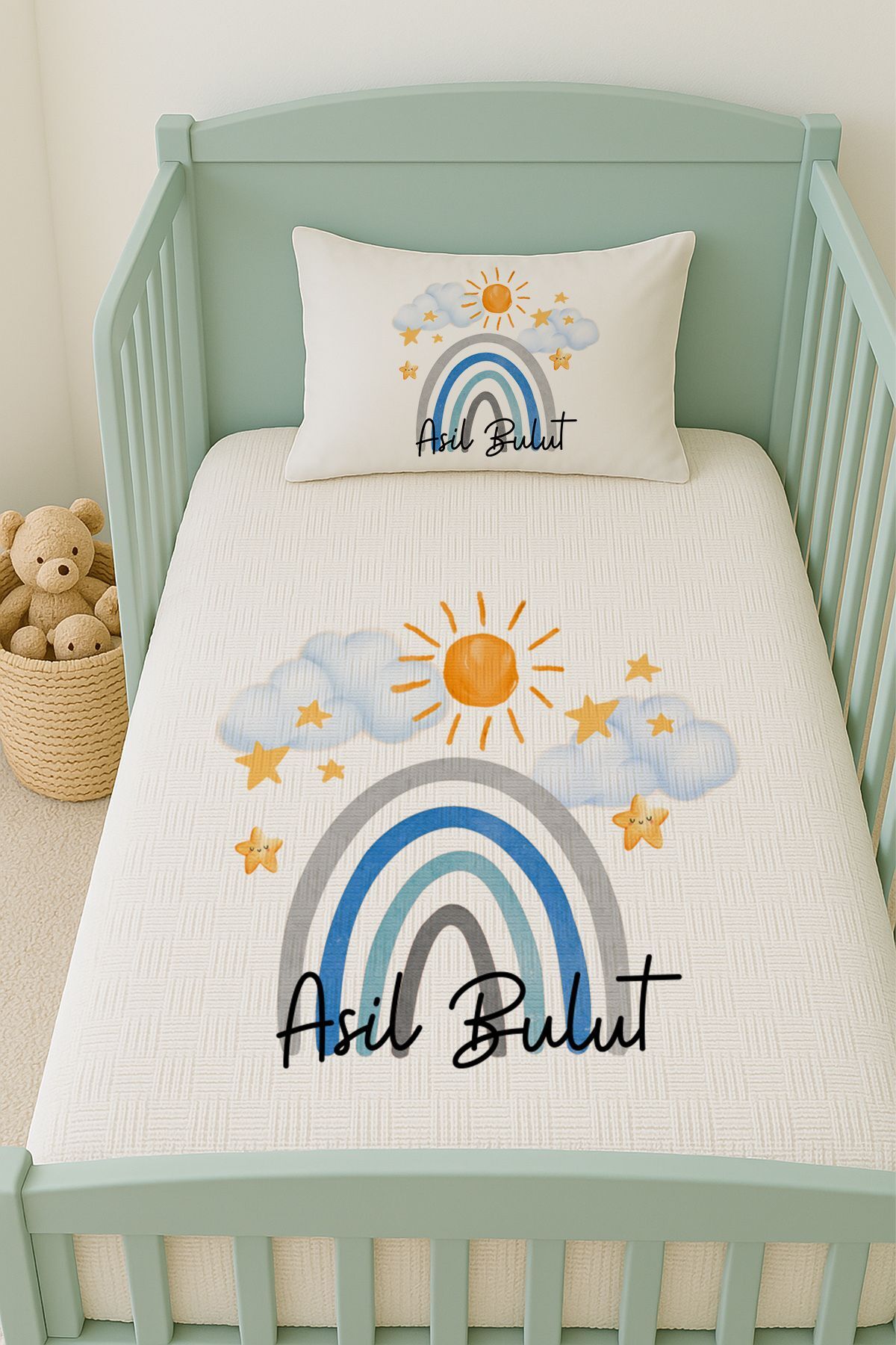 İsme Özel (100x150cm) Pike Seti Mavili Gökkuşağı