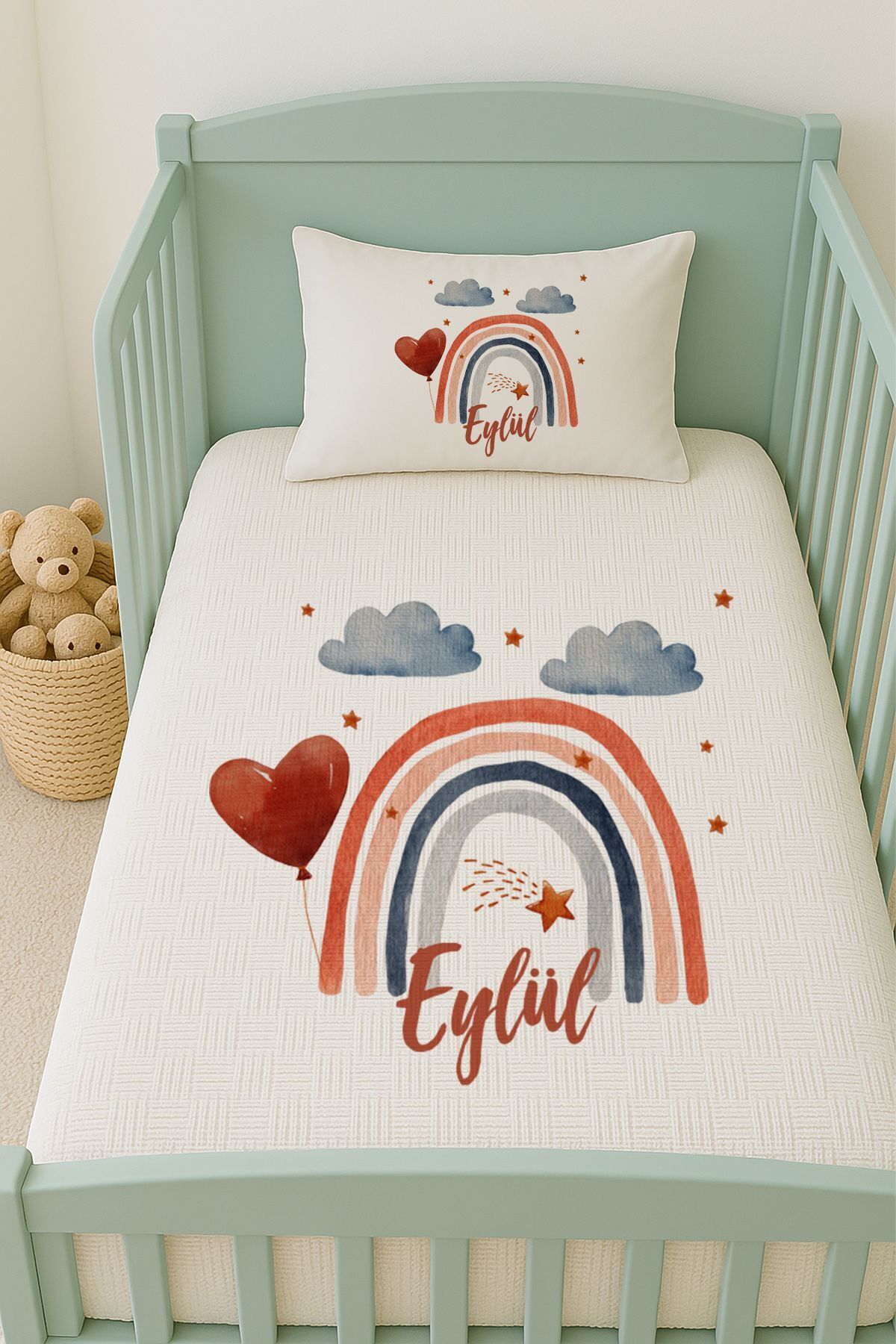 İsme Özel (100x150cm) Pike Seti Kırmızı Kalpli Gökkuşağı