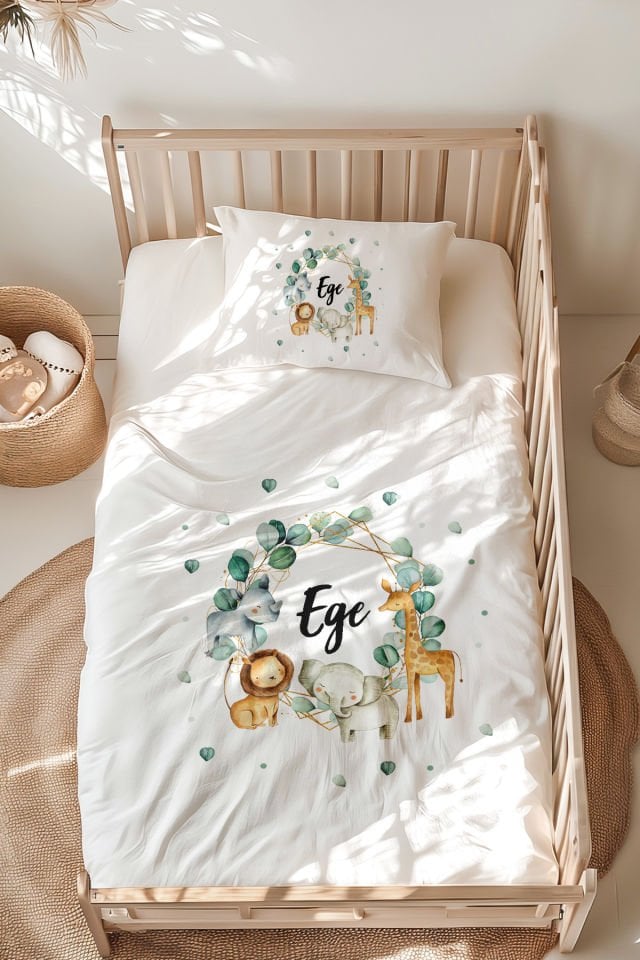 İsme Özel Montessori Yatak Nevresim Takımı (100x200 cm) Safari