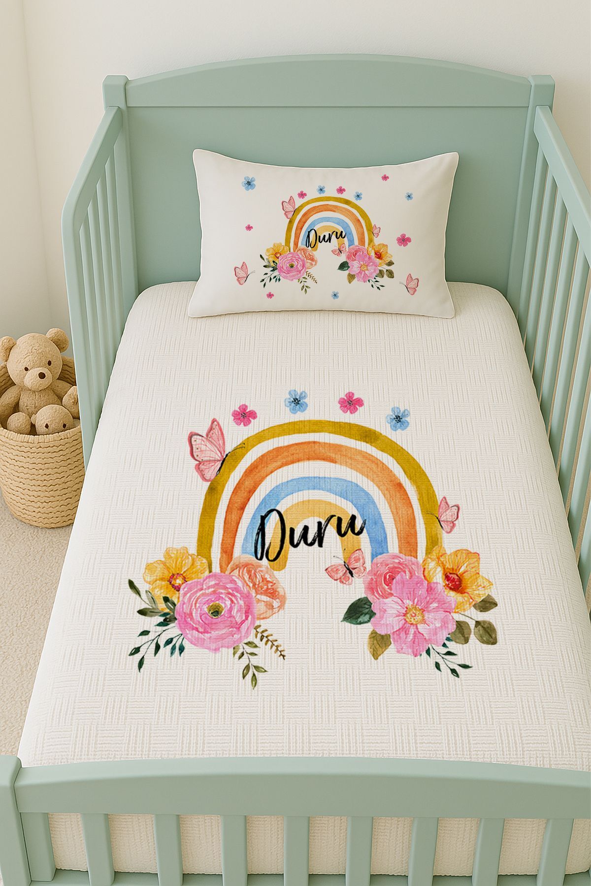 İsme Özel (100x150cm) Pike Seti Kelebekli Gökkuşağı