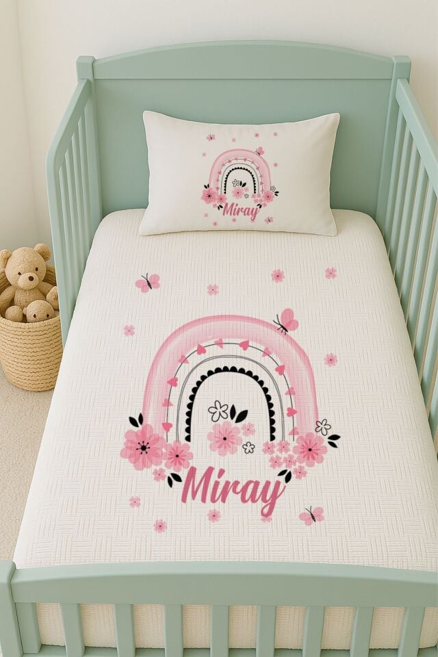 %100 Pamuk İsme Özel İsimli 100x150 cm Pike Seti Pembe Gökkuşağı