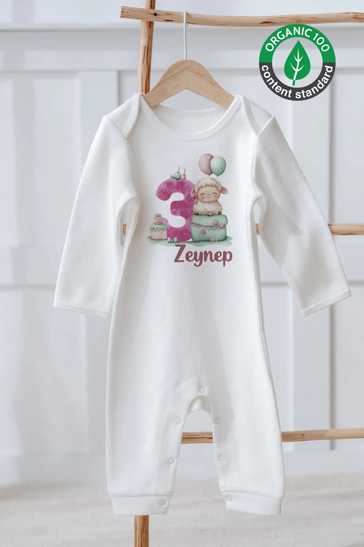 %100 Pamuk İsme Özel İsimli Doğum Günü Bebek Tulum 3 Yaş Kuzucuk